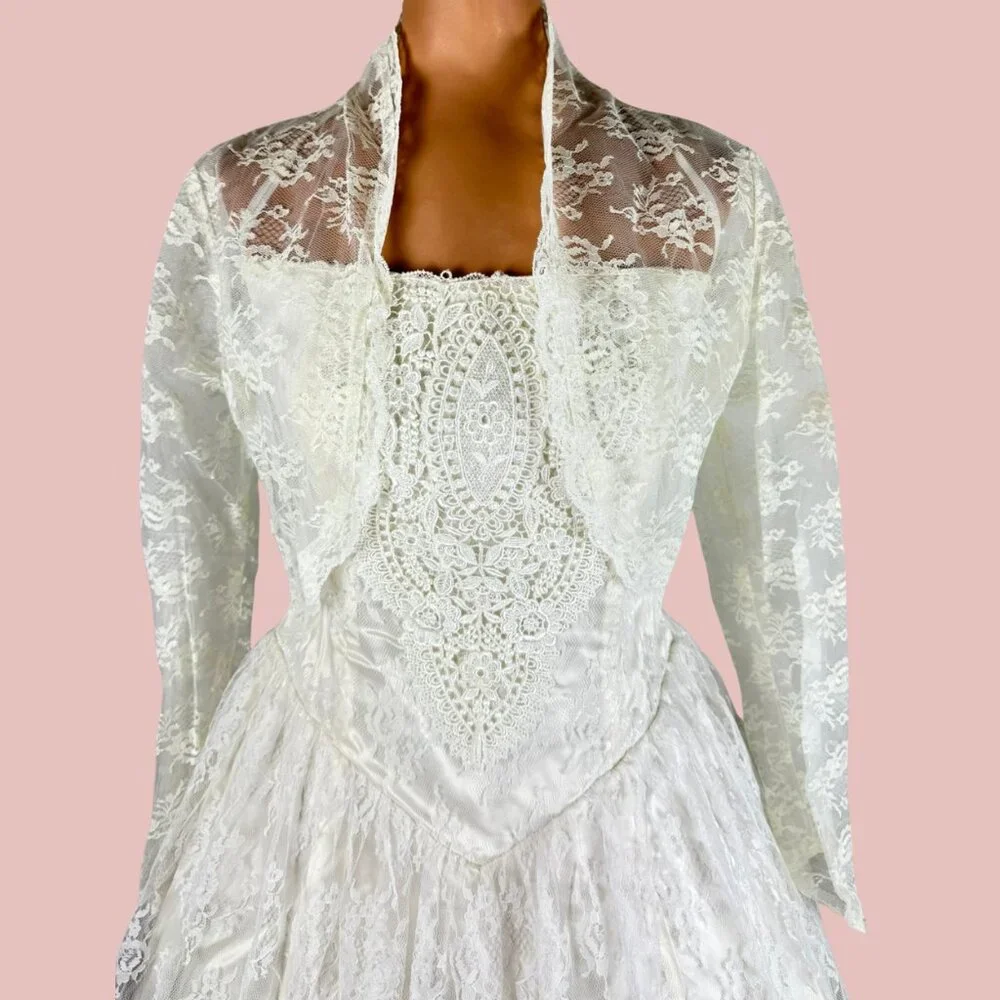 Vintage Scott McClintock 80s Strapless White Lace Wedding Dress Set 1950s style - Picture 11 of 16